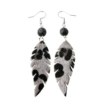 Load image into Gallery viewer, Gray Spotted Leopard Print Horse-Hair Tear Drop Earrings with Lava Rock