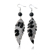 Load image into Gallery viewer, Gray Spotted Leopard Print Horse-Hair Tear Drop Earrings with Lava Rock