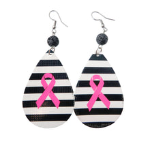 Load image into Gallery viewer, Black & White Stripe Tear Drop with Pink Breast Cancer Ribbon