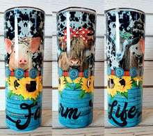 Load image into Gallery viewer, Blue Wood Grain & Cowhide Farm Life Tumbler w/ Lid & Straw