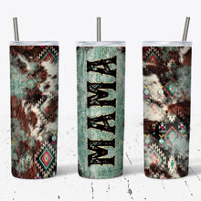 Load image into Gallery viewer, Mama Aztec, Cow, Turquoise Style Tumbler w/ Lid & Straw
