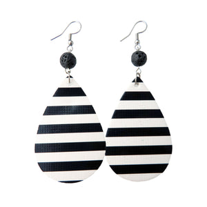 Black & White Stripe Tear Drop Earrings with Lava Rock