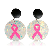 Load image into Gallery viewer, Glitter Resin Circle with Black Button Stud &amp; Pink Breast Cancer Ribbon
