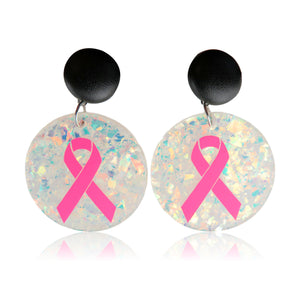 Glitter Resin Circle with Black Button Stud & Pink Breast Cancer Ribbon