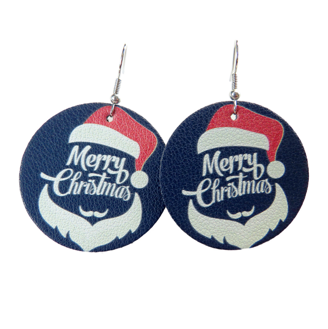 Navy Merry Christmas Leather Santa Circle Earrings