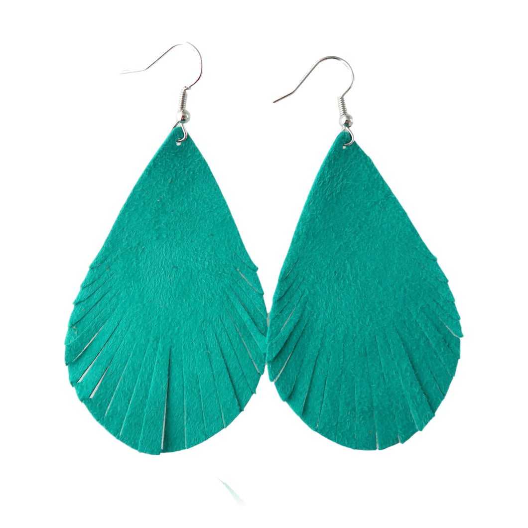 Teal Blue Leather Fray Style Earrings