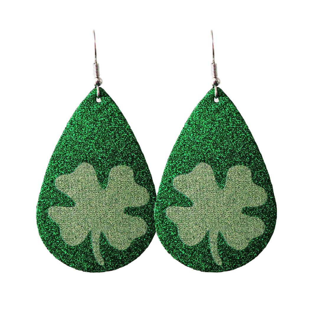 Green Glitter & Four Leaf Clover Tear Drop Earrings