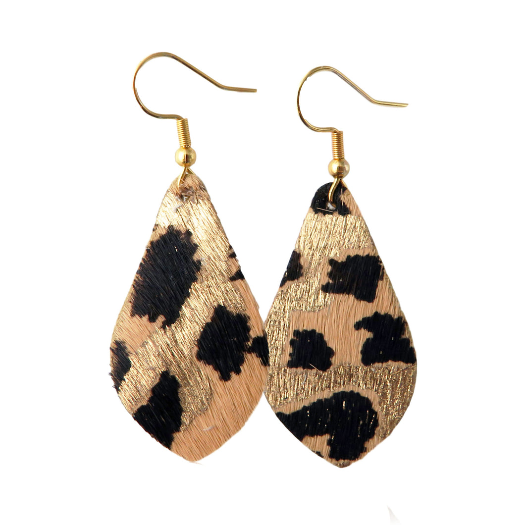Gold / Beige Camo Print Textured Tear Drop Leather Earrings