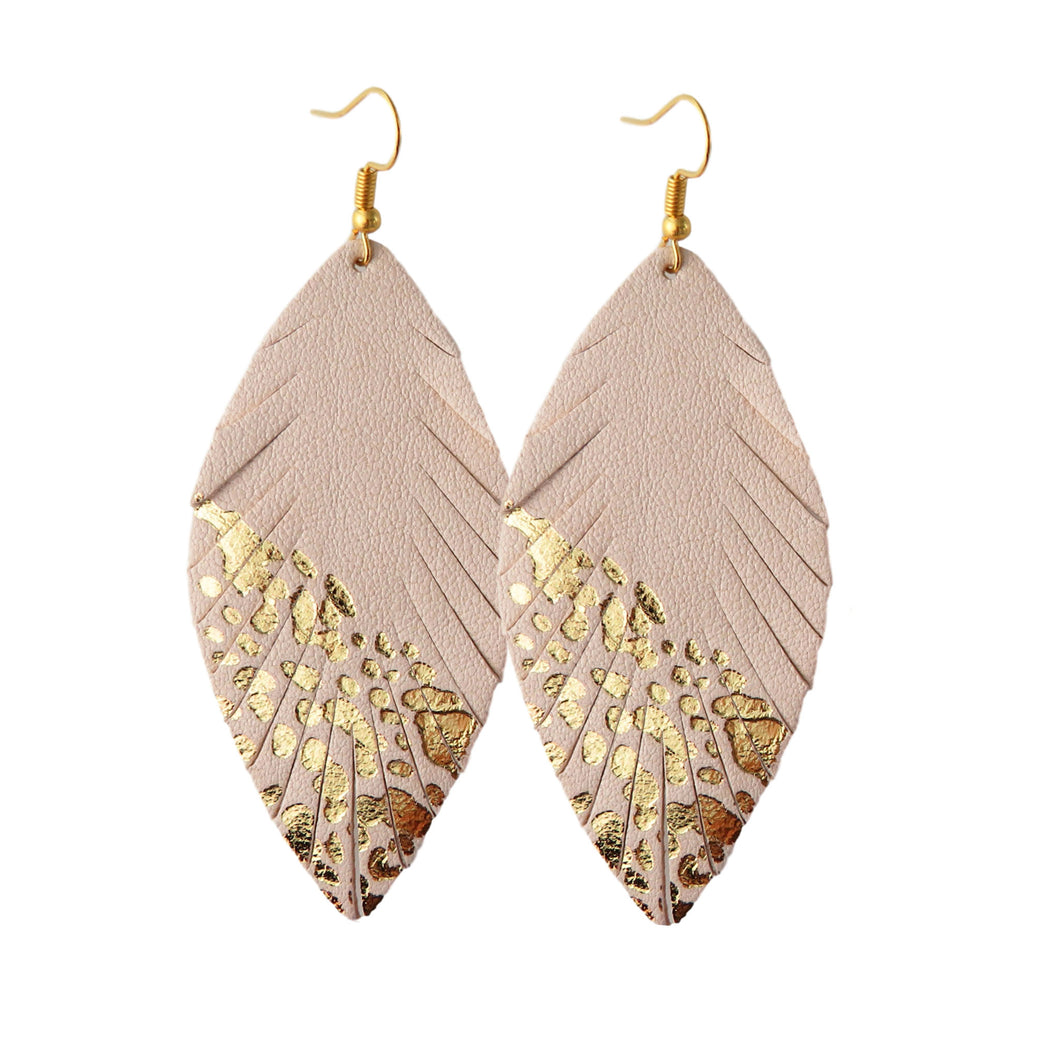 Light Pink & Gold Accent Leather Fray Style Leaf Earrings