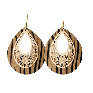 Beige Zebra Print Tear Drop & Gold Tone Filigree Layer Earring