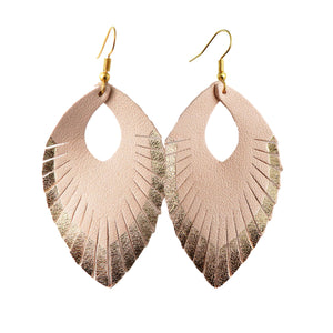 Light Pink & Gold Accent Leather Fray Style Earrings