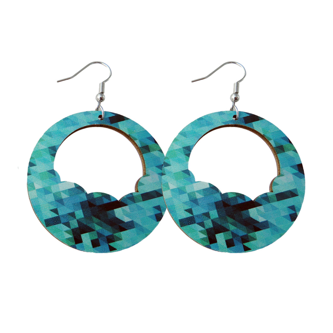 Blue Printed Basswood Circle Earrings