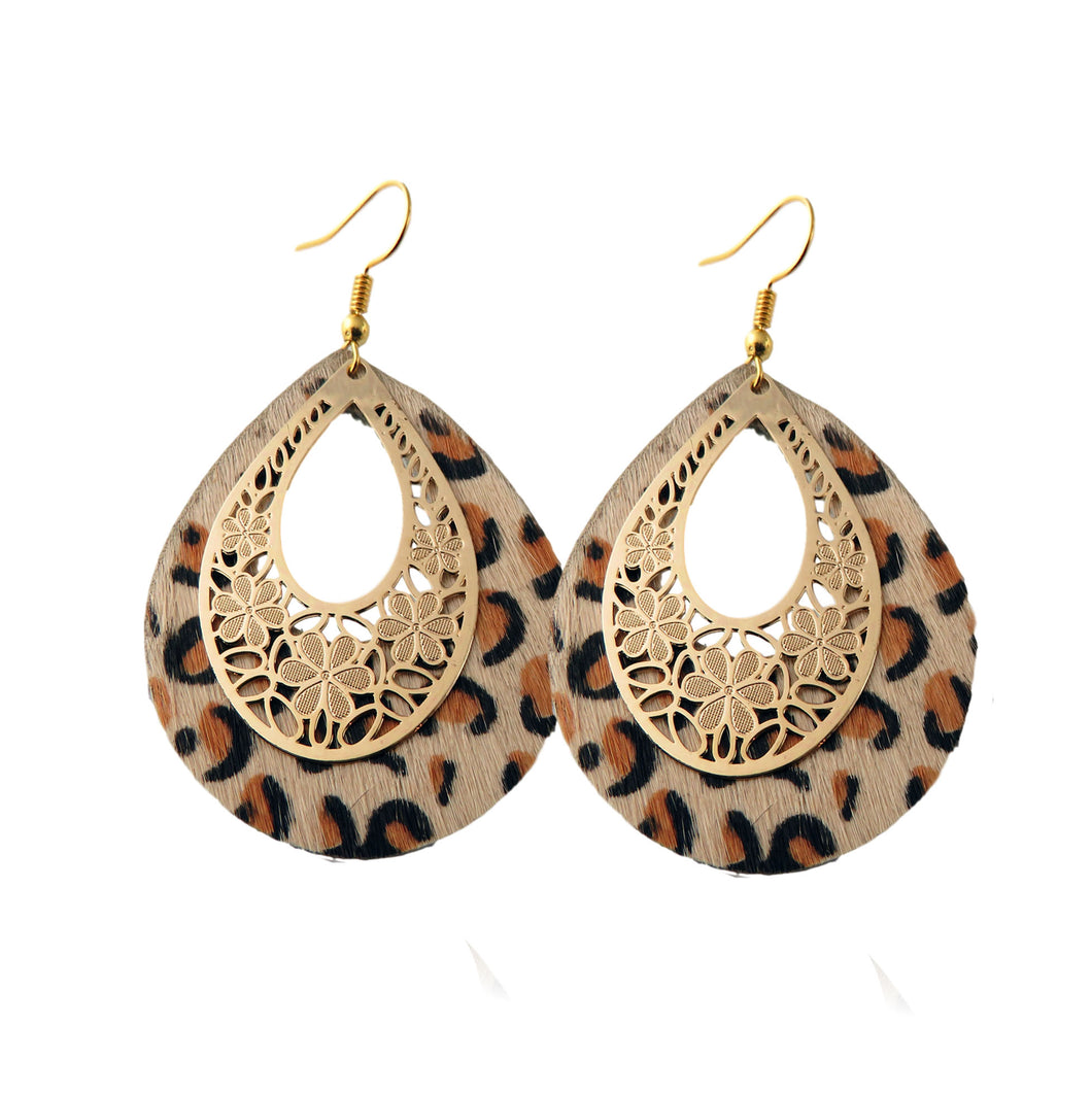 Leopard Tear Drop & Gold Tone Filigree Layer Earring