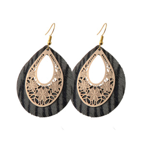 Gray Zebra Print Tear Drop & Gold Tone Filigree Layer Earring