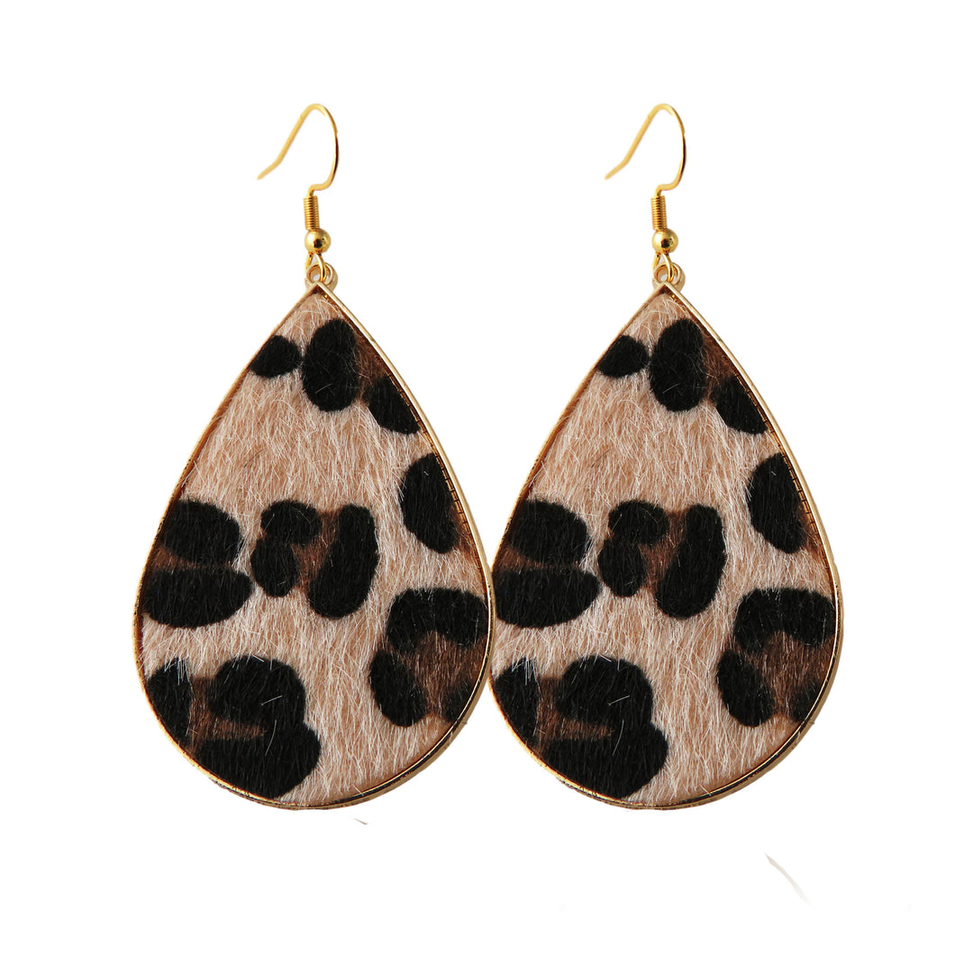 Faux Horse-Hair Beige Leopard Print & Gold Frame Tear Drop Earrings