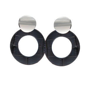 Black Open Textured Circle with Silver Toned Button Stud