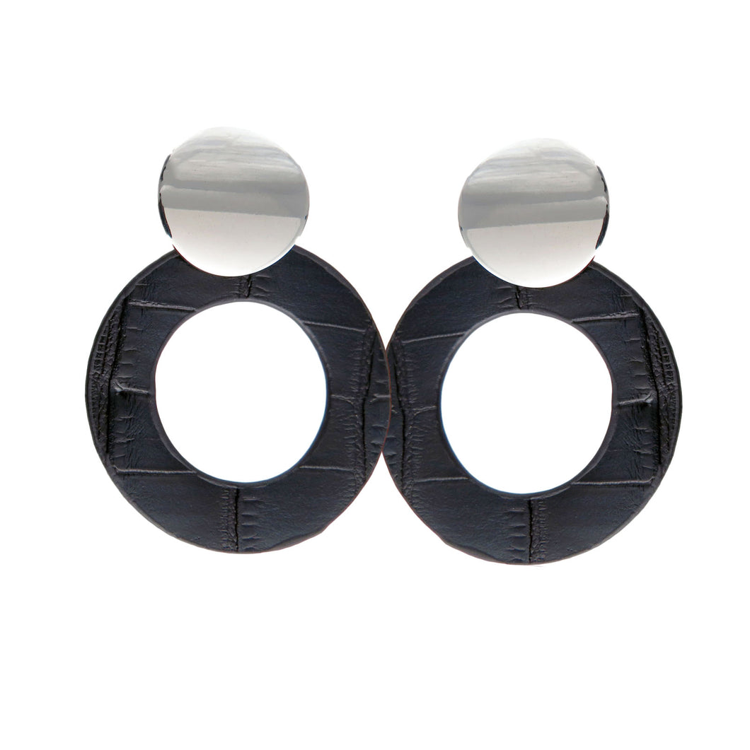 Black Open Textured Circle with Silver Toned Button Stud