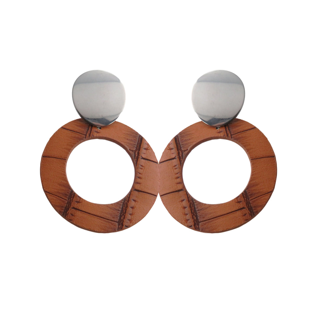 Light Brown Open Textured Circle with Silver Toned Button Stud