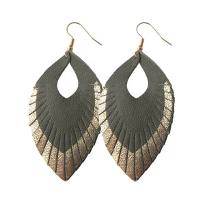 Forest Green & Gold Accent Leather Fray Style Earrings