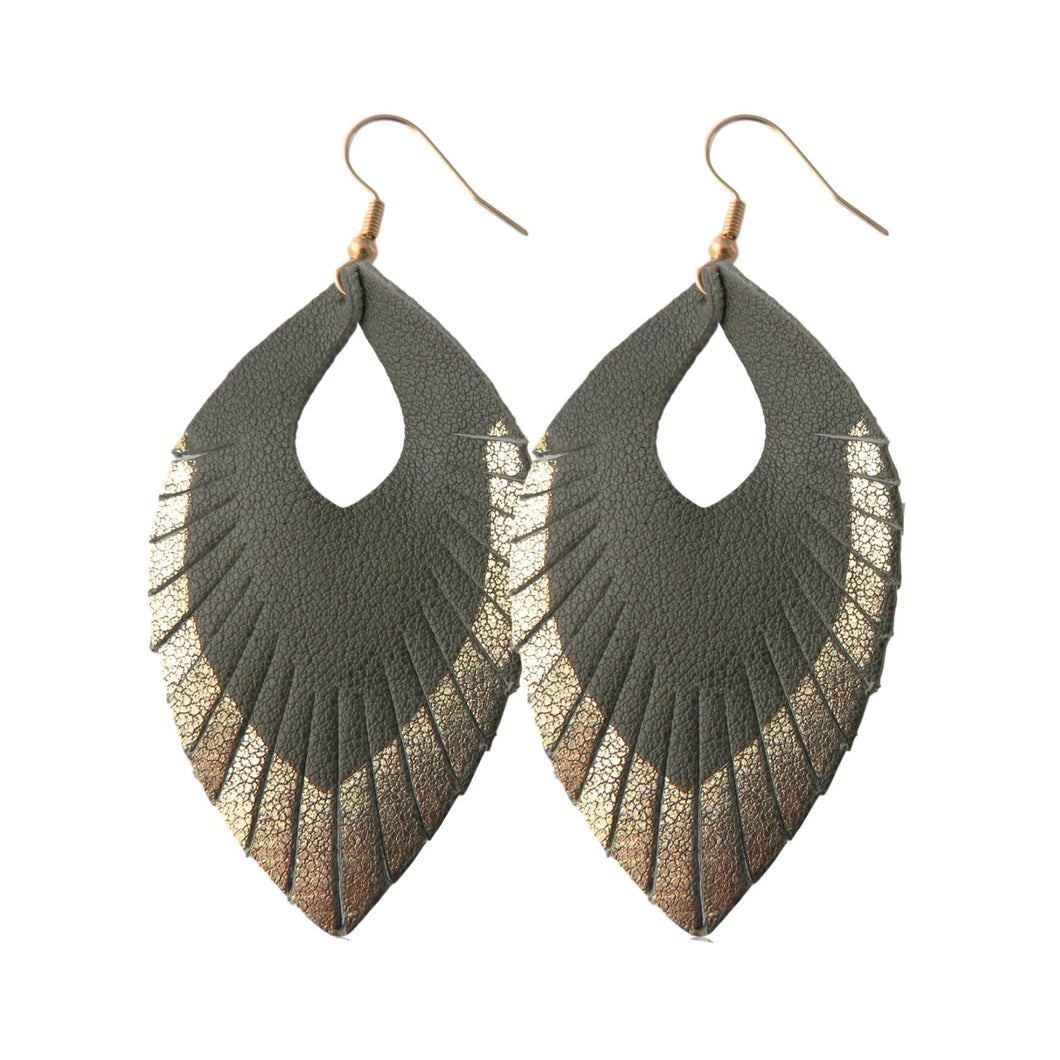 Forest Green & Gold Accent Leather Fray Style Earrings