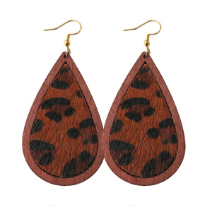 Wood Lined Faux Horse-Hair Brown Leopard Print Tear Drop Earrings