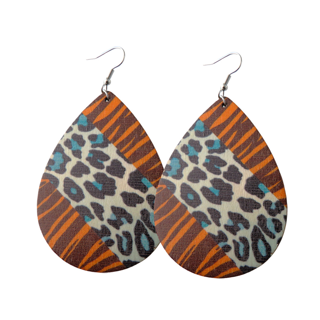 Animal Print Wooden Tear Drop Earrings