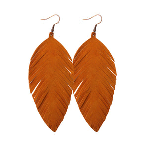 Burnt Orange Leather Fringe Feather Style Earrings