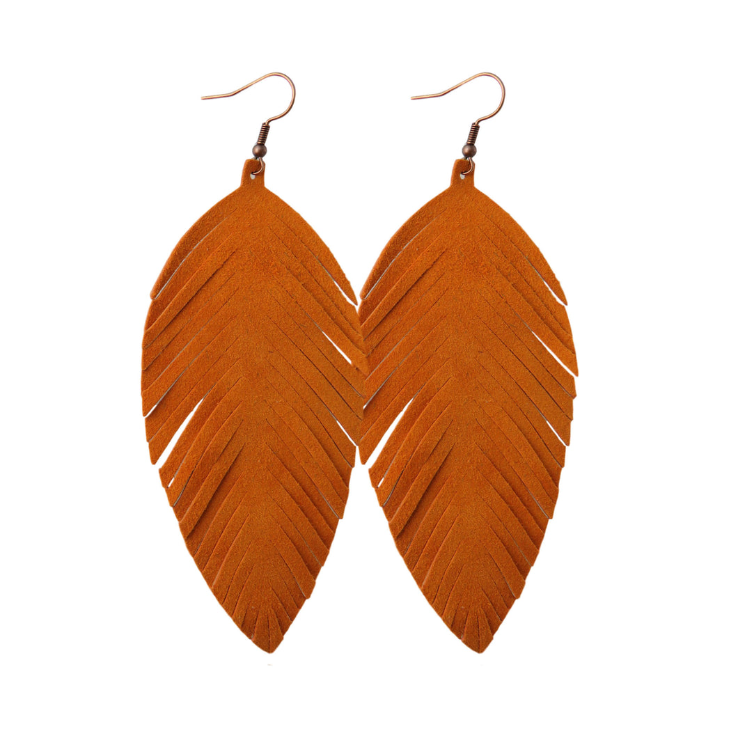 Burnt Orange Leather Fringe Feather Style Earrings