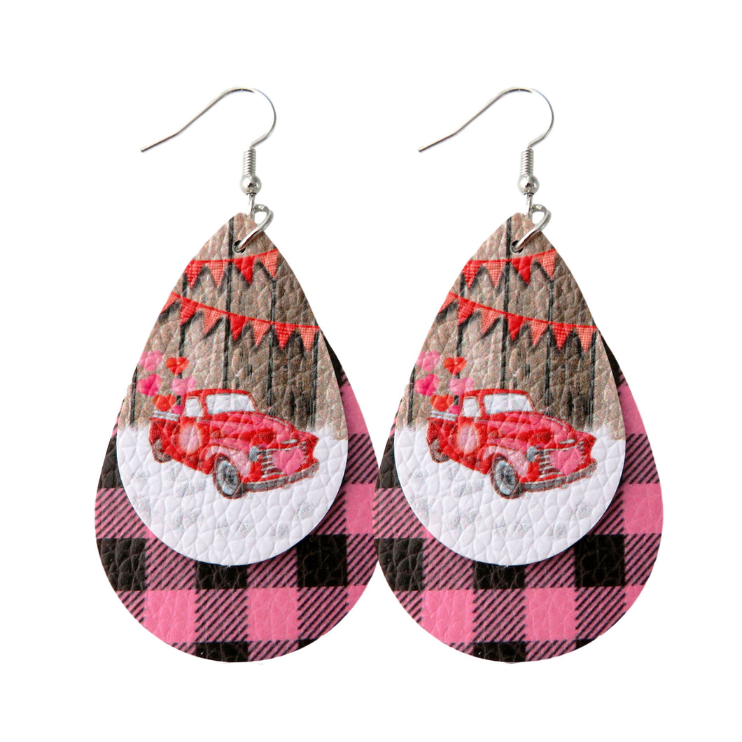Pink Plaid Tear Drop & Vintage Red Truck Christmas Layered Earrings