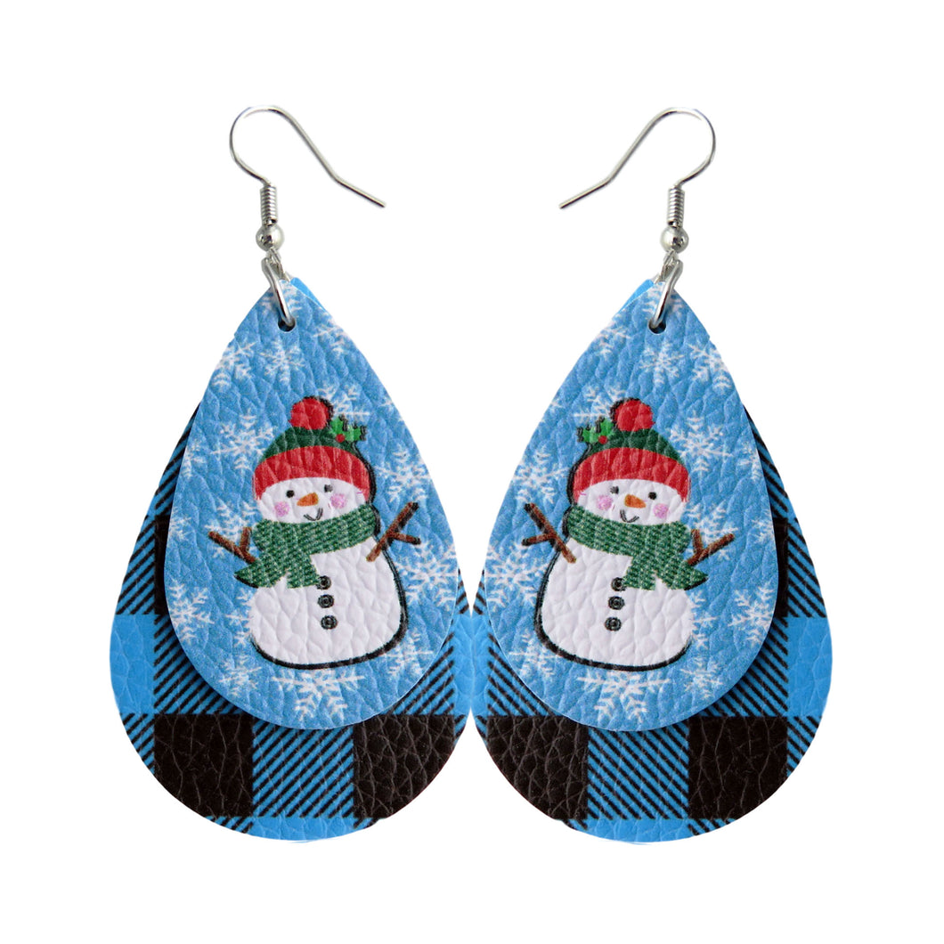 Layered Snowman & Adorable Blue Plaid Drop Earrings