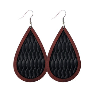 Wood Lined Textured Black Leather Print Tear Drop Earrings