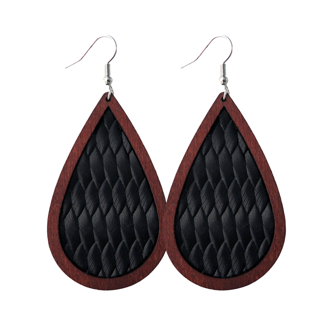 Wood Lined Textured Black Leather Print Tear Drop Earrings
