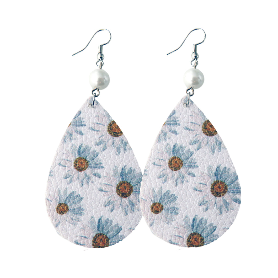 White Floral Tear Drop Earrings with Pearl Accent