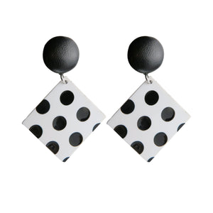 Black & White Polka Dot Resin Square with Black Button Stud Earrings