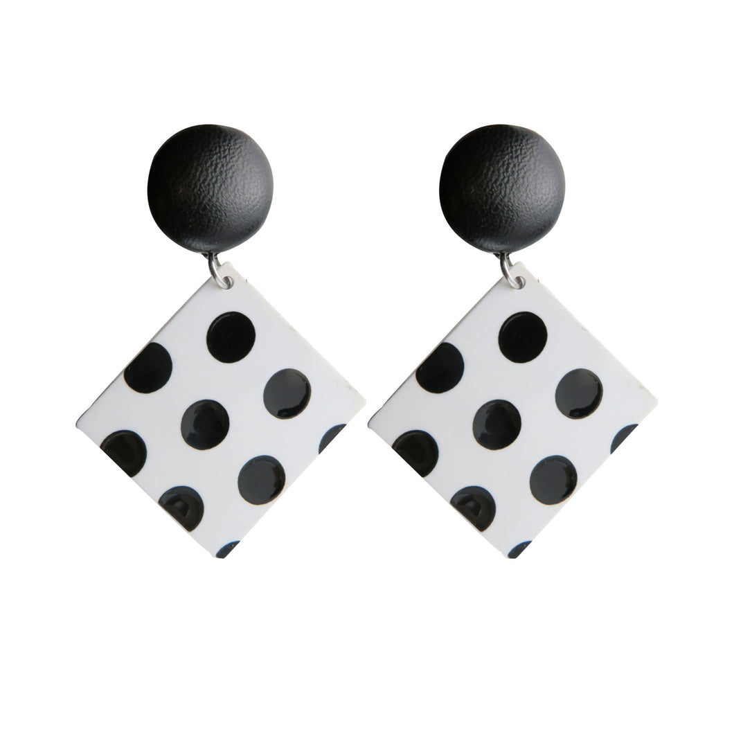 Black & White Polka Dot Resin Square with Black Button Stud Earrings