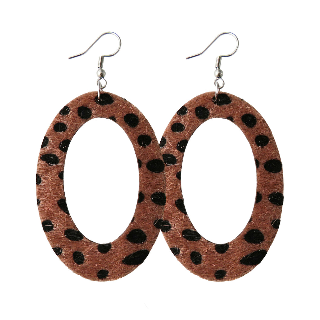 Faux Horse-Hair Brown Leopard Print Open Oval Earrings