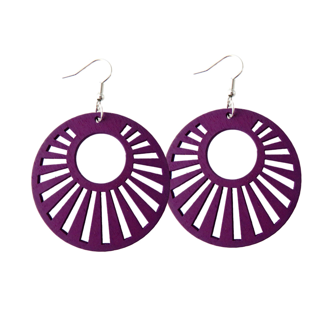 Purple Painted Wood Circle Sun Earrings