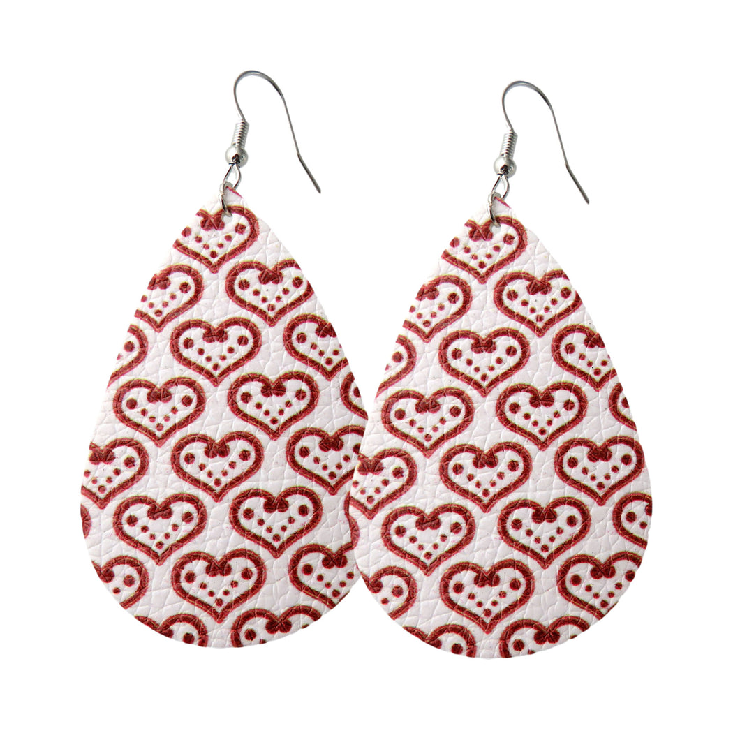 Red Hearts on White Background Tear Drop Earrings