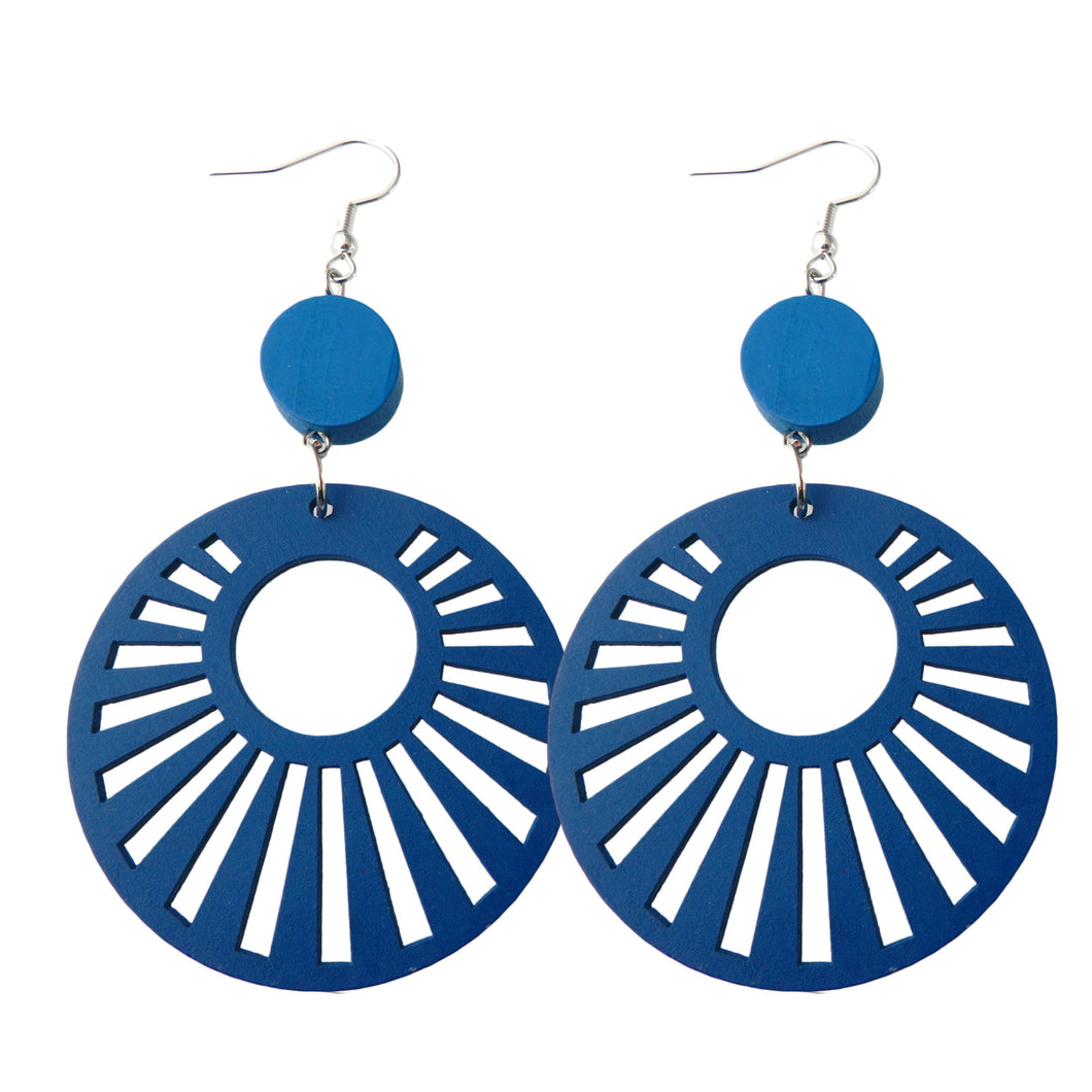 Double Blue Painted Wood Circle Sun Earrings