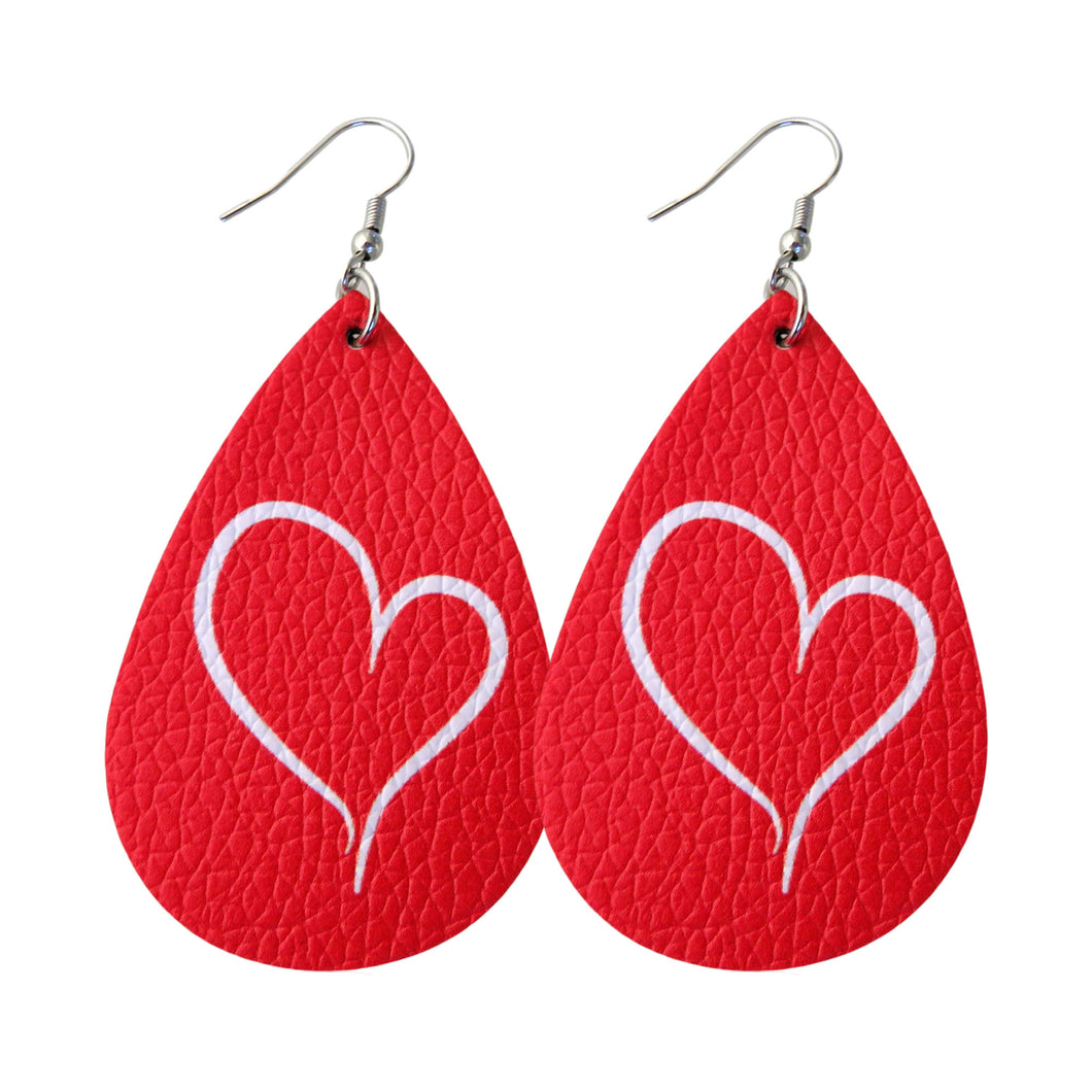 White Heart on Red Background Tear Drop Earrings