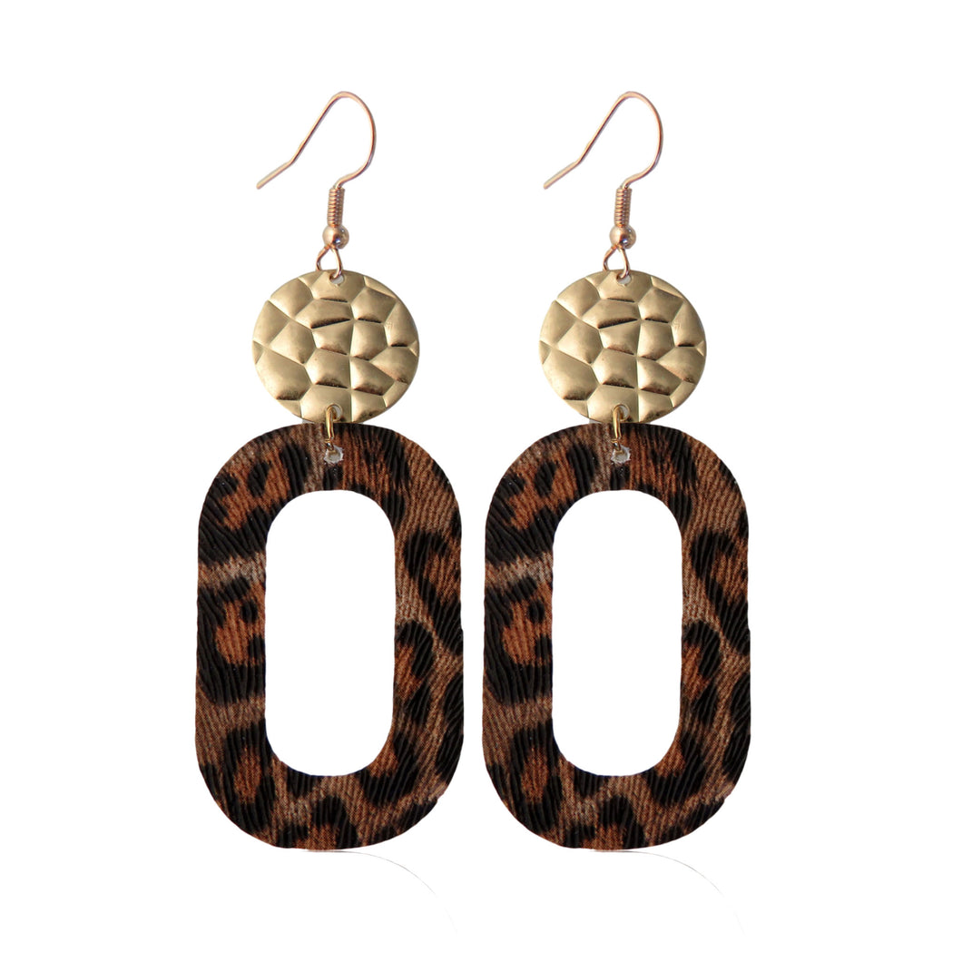 Long Drop Brown Leopard Print Textured Block Party Faux Leather Earrings