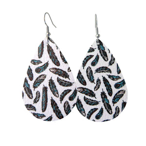 Blue Feathers on White Tear Drop Earrings