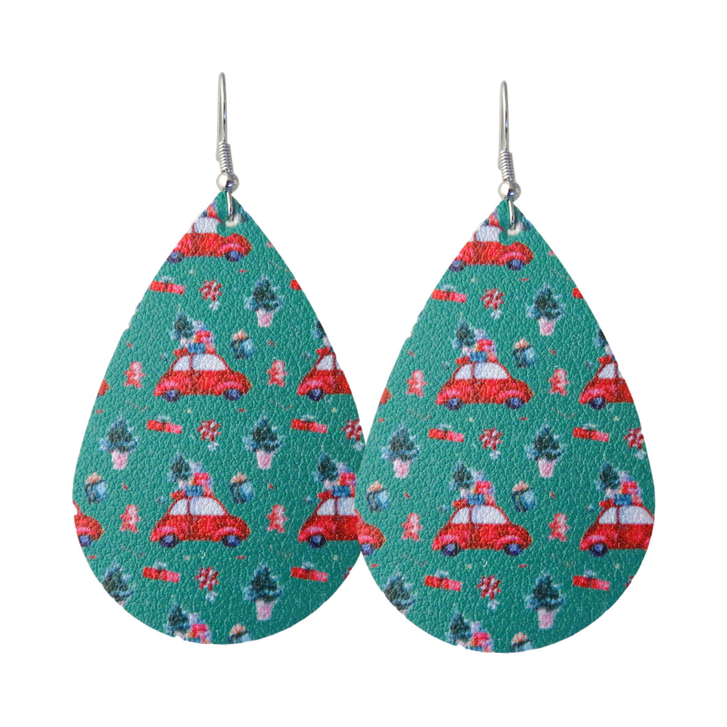 Teal Christmas Car Pattern Earrings