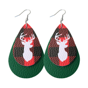 Layered Reindeer on Buffalo Plaid & Green Backdrop Earrings
