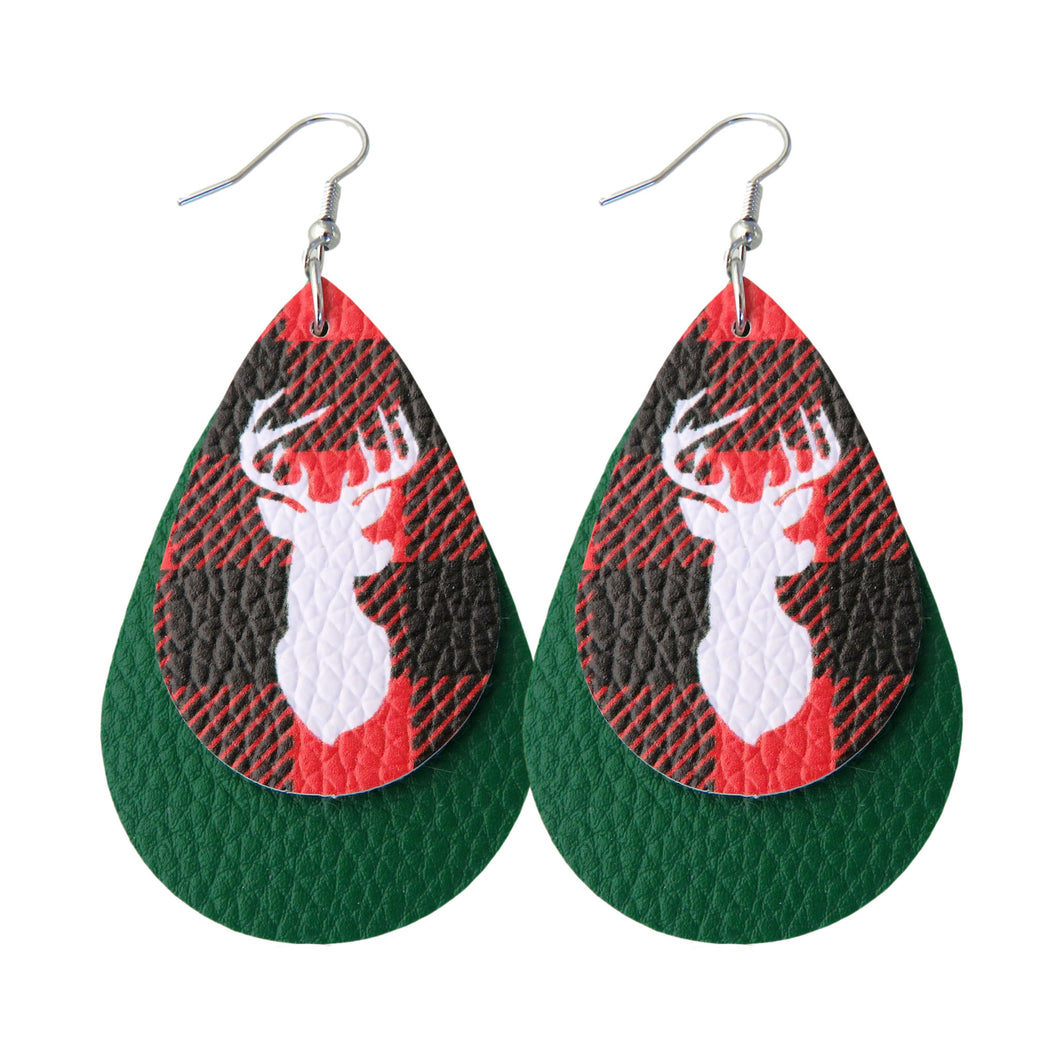 Layered Reindeer on Buffalo Plaid & Green Backdrop Earrings
