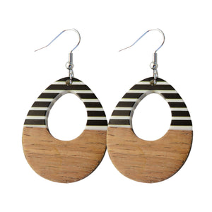 Black & White Stripe Resin & Wood Open Tear Drop Earrings