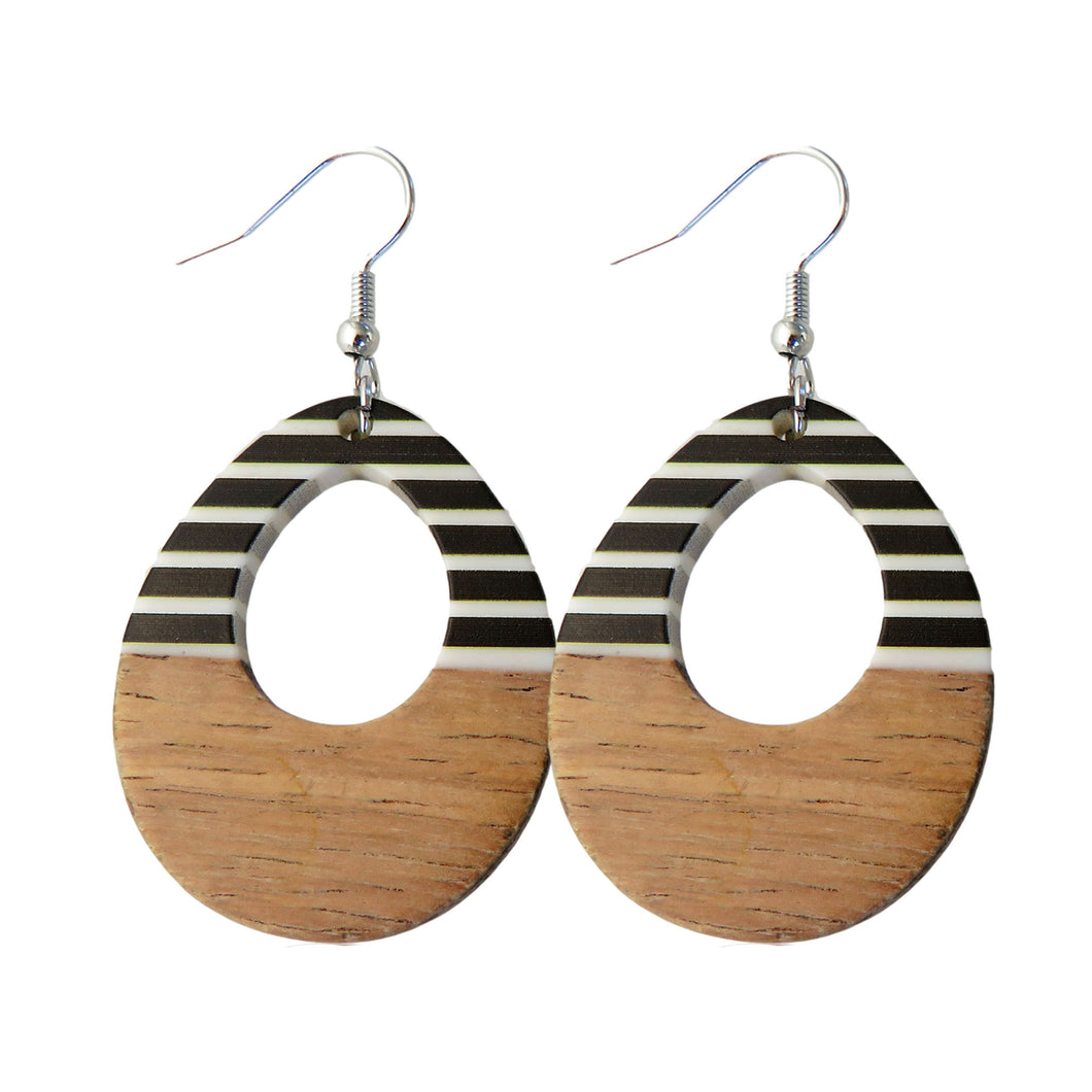 Black & White Stripe Resin & Wood Open Tear Drop Earrings