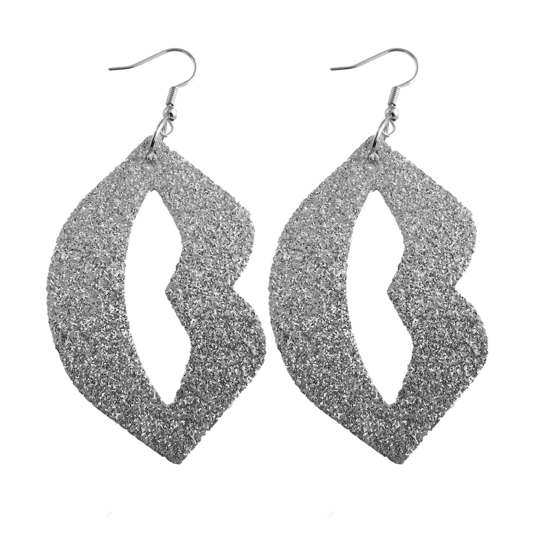 Silver Lip Shaped Glitter Earrings