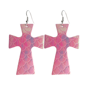 Pink Holographic Mermaid Textured Cross Style Earrings