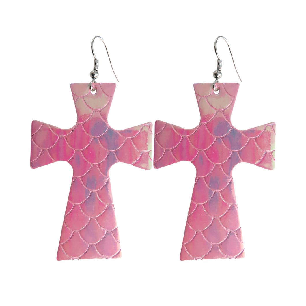 Pink Holographic Mermaid Textured Cross Style Earrings